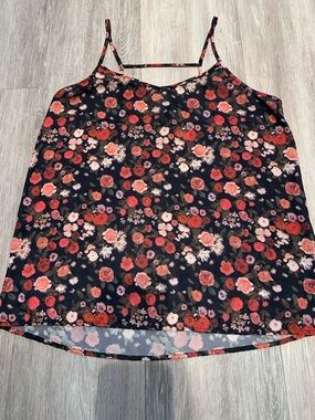 Divided Floral Spaghetti Strap Cami - Black with Red & Pink Roses
